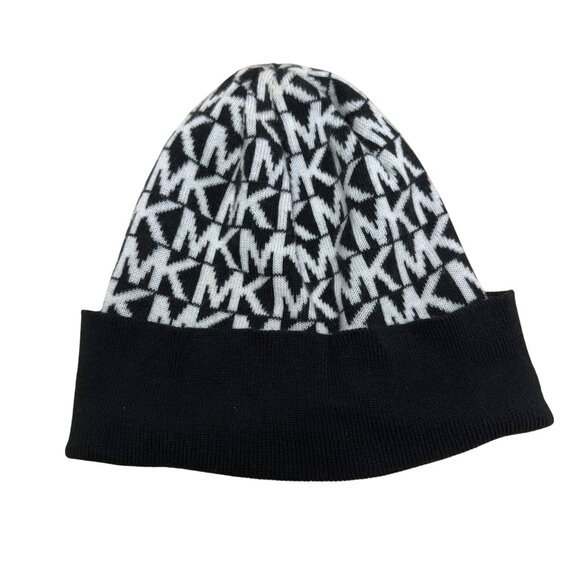 Michael Kors Womens Black & White Printed Knitted Beanie Hat Stretch OS - Picture 1 of 7